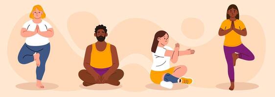 Inclusive group of people practicing yoga and meditation in various poses and seated positions vector
