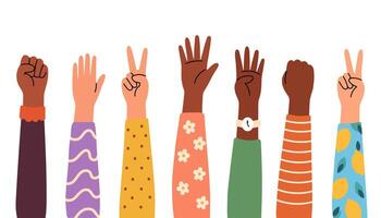 Various raised hands of diverse people showing peace signs, fists, and open palms in colorful sleeves vector
