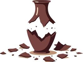 Broken brown ceramic vase with scattered shards flat minimal art vector