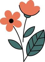 Simple two orange flowers with green leaves minimal flat style botanical illustration vector