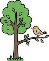 Green leafy tree with brown trunk and small bird perched on branch flat minimal illustration vector