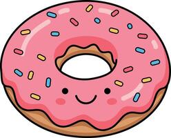 Cute pink frosted donut with colorful sprinkles and smiling face in flat cartoon style illustration vector