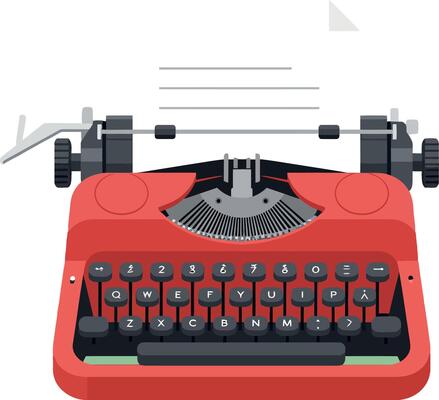 Red vintage typewriter with blank paper on white background flat design illustration
