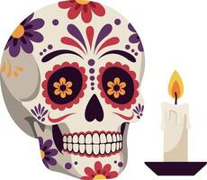 Decorative sugar skull with colorful floral patterns and lit candle flat design illustration vector