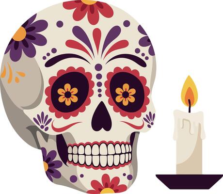 Decorative sugar skull with colorful floral patterns and lit candle flat design illustration
