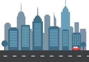 Modern city skyline with various skyscrapers and small red car on street flat illustration vector