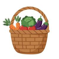 Fresh vegetables basket with carrots cabbage tomatoes and eggplants in flat design illustration vector
