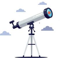 Telescope on tripod in flat style with cloudy sky background outdoor astronomy illustration vector