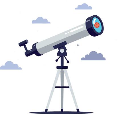 Telescope on tripod in flat style with cloudy sky background outdoor astronomy illustration
