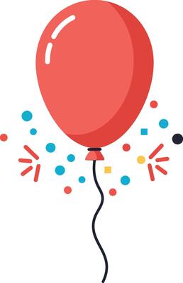 Red balloon with colorful confetti and celebration elements in flat minimal style illustration
