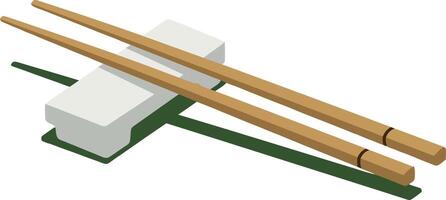 Pair of wooden chopsticks resting on a ceramic chopstick rest in minimal flat art vector
