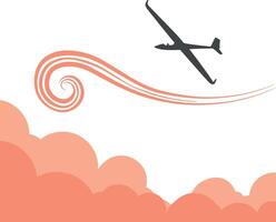 Glider airplane soaring above stylized clouds with swirling wind trail in flat minimal art vector