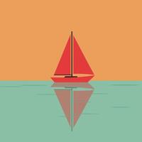 Red sailboat with triangular sails floating on calm water in flat minimalist style illustration vector