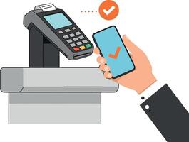 Hand holding smartphone with checkmark near payment terminal in flat style digital transaction illustration vector