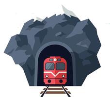 Red train emerging from rocky mountain tunnel with railway tracks flat design illustration vector