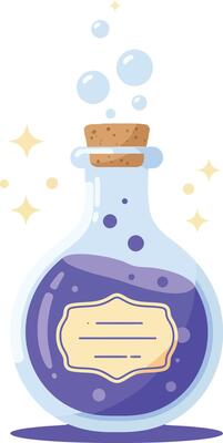 Round glass bottle with cork containing purple liquid and bubbles in flat design art