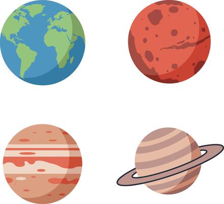 Earth Mars Jupiter Saturn planetary icons flat colorful illustration
