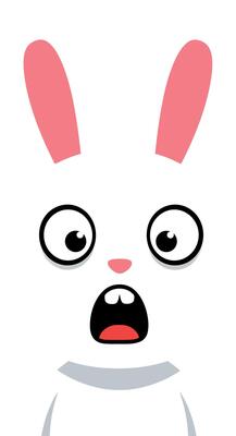 Surprised white cartoon rabbit with pink ears and wide eyes in minimal flat style illustration