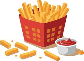 French fries in red container with scattered fries and small white cup of ketchup flat illustration vector