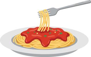 Plate of spaghetti pasta with red tomato sauce and a silver fork twisting noodles flat design illustration vector