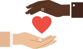 Two diverse hands holding and protecting a red heart symbol in minimal flat style illustration vector