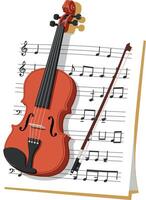 Classical violin with bow resting on sheet music detailed flat art vector