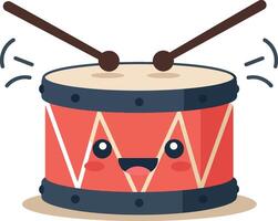 Red cartoon drum with smiling face and drumsticks beating flat minimal art vector