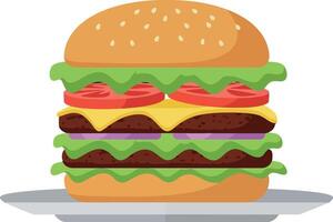 Double cheeseburger with lettuce tomato and sesame bun in flat design illustration vector