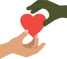 Two hands exchanging red heart symbol flat design minimal illustration vector