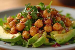 A plate of food with chickpeas, avocado and parsley photo