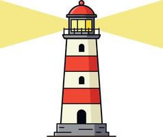 Red and white striped lighthouse with glowing lights and stone base flat design art vector