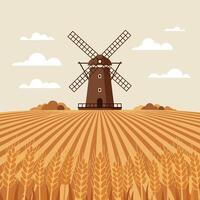 Traditional windmill standing in a golden wheat field under cloudy sky flat design illustration vector
