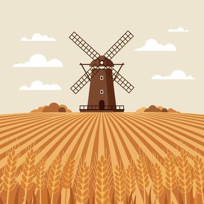 Traditional windmill standing in a golden wheat field under cloudy sky flat design illustration