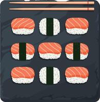 Sushi platter with salmon and seaweed rolls flat design Japanese food art vector