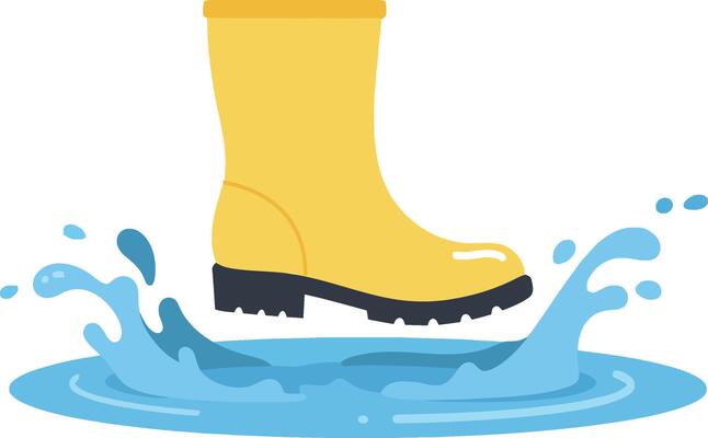 Yellow rubber rain boot splashing in blue water puddle flat minimal illustration