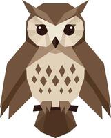 Stylized brown owl perched in flat geometric design with sharp shapes and large eyes illustration vector