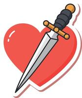 Red heart pierced by silver dagger with black handle in flat style sharp stabbing art vector