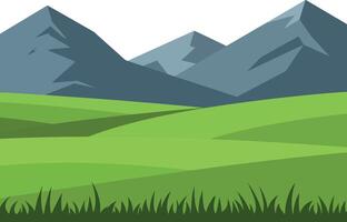 Green rolling hills with sharp mountain peaks under clear sky flat design illustration vector