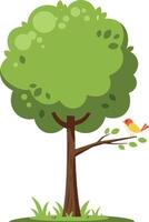 Green leafy tree with brown trunk and small bird perched on branch flat colorful illustration vector