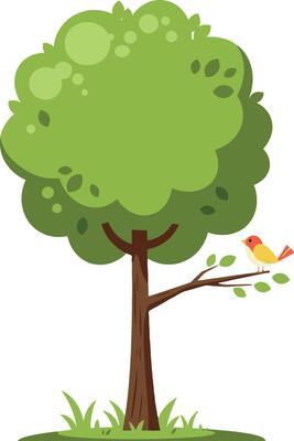 Green leafy tree with brown trunk and small bird perched on branch flat colorful illustration