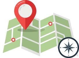 Folded paper map with red location pins and black compass rose flat design illustration vector