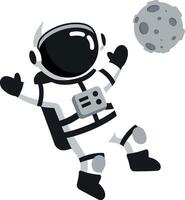 Cartoon astronaut playing with floating moon in minimal black and white space illustration vector