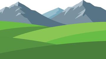 Mountain landscape with rolling green hills and sharp peaks in minimalist flat design illustration vector