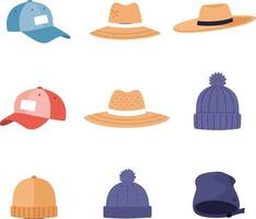 Collection of various hat styles in flat design including caps, straw hats, and knitted beanies illustration vector