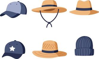 Collection of six assorted hats including caps and straw hats in flat minimal style illustration vector