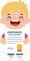 Happy blond boy holding certificate with golden seal smiling in flat minimal art vector