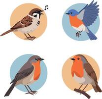 Four small colorful songbirds perched and flying in flat design with circular backgrounds illustration vector