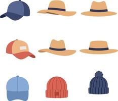 Various casual hats collection with baseball caps and knitted beanies in flat minimal style illustration vector