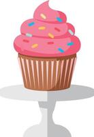 Pink frosted cupcake with colorful sprinkles on white cake stand flat design illustration vector
