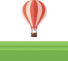 Red and white striped hot air balloon floating over green fields in flat minimal art vector